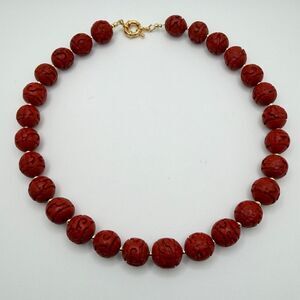 17" Revived 13mm vintage cinnabar beaded necklace with gold tone hardware!